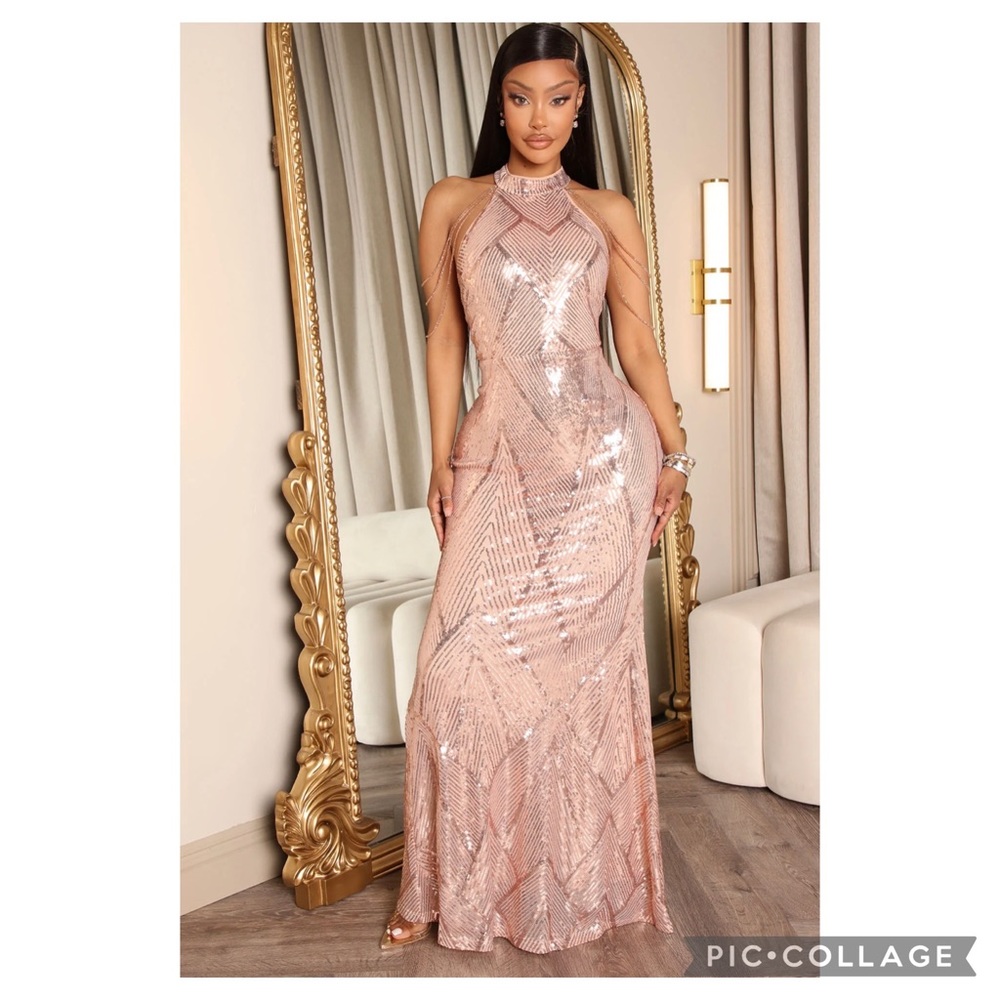 Rose gold floor length sequined hoco dress, size M, NWOT